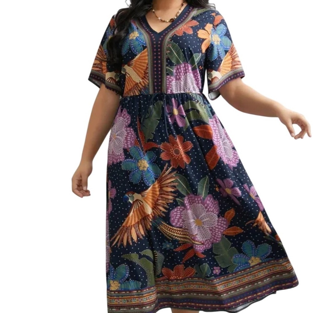BloomChic Navy Floral Bird Print Maxi Dress Women Size 18/20 Tropical Beach